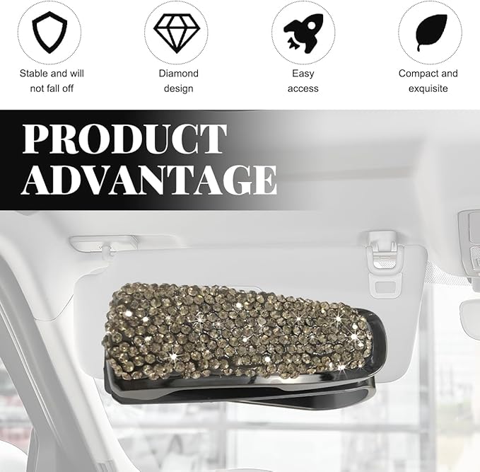 Wevdn 2 PCS Car Sun Visor Glasses Holder, Fashion Bling Car Eyeglasses Sunglasses Hanger for Women Girls, Glasses Holder Clip Hanger Mount with Ticket Card Clip, Car Accessories (Gray)