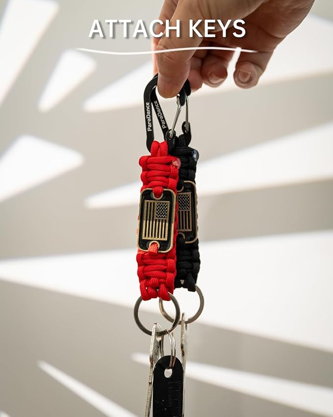 Paracord Keychain Braided Rope Key Chain w/USA Flag Carabiner Hook Clip for Men Women Keys Backpack Belt Camping