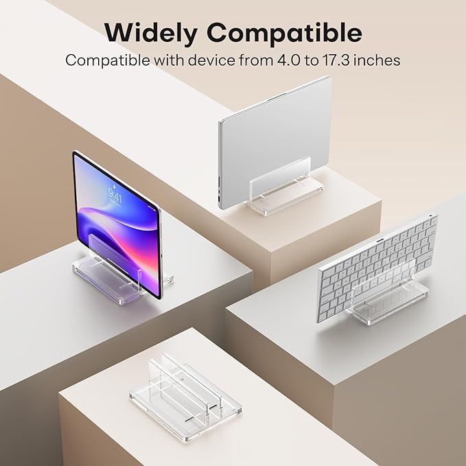 OMOTON Vertical Laptop Stand for Desk, Acrylic Laptop Holder Desktop Clear Adjustable Dock for MacBook Pro Air, HP, All Gaming Laptops up to 17” (Clear, Single Slot)