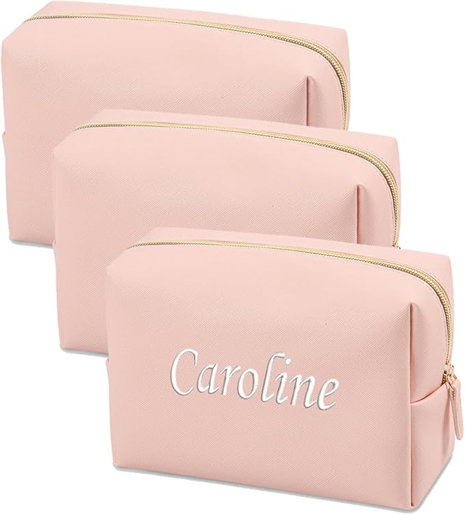 GOPHIE Personalized Embroidered Makeup Bag, Toiletry Bag for Women, Large Cosmetic Travel Bag, Gift For Bridesmaid，Set of 3, Pink