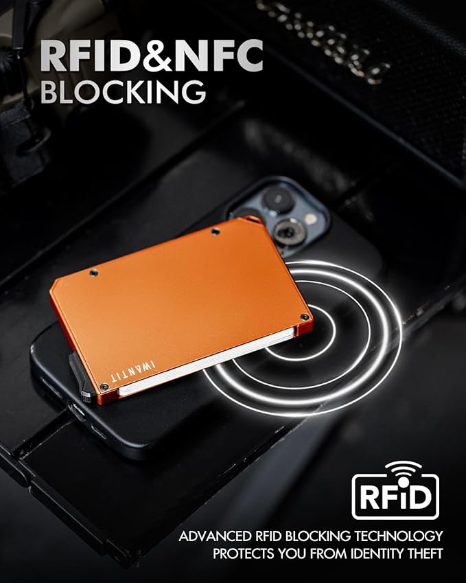 iwantit Pop Up Wallet for Men, Slim Minimalist Credit Card Holder with Money Clip - Man Metal Aluminum Wallet RFID Blocking, Smart Tactical Wallet for Men, Gift for Men (Orange)