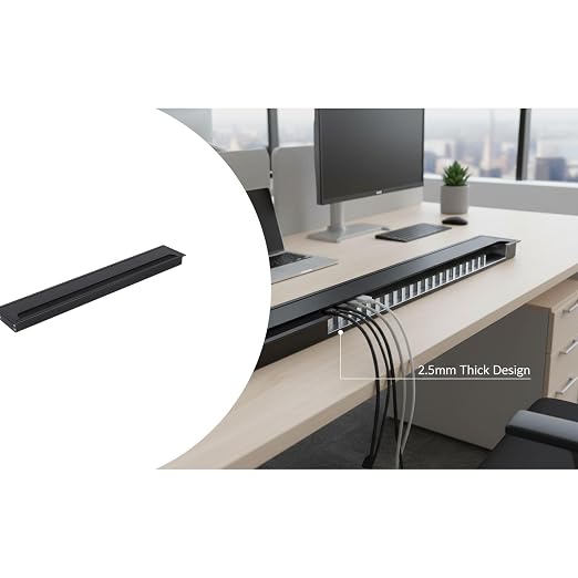 Desktop Cable Management Cover for Desk Organization - Aluminum Alloy Cable Box with Brush Seal (Black, 8.0x50.0x2.8 cm)