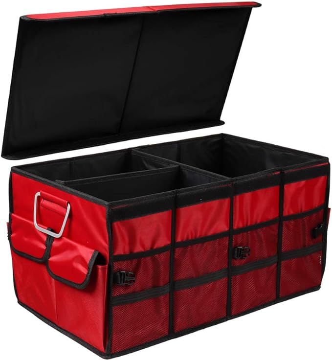 Car Trunk Organizer Collapsible Portable Multi Compartments Organizer with Non Slip Straps for SUV Truck Auto Vehicle Car Auto Minivan(Large covered, Red)