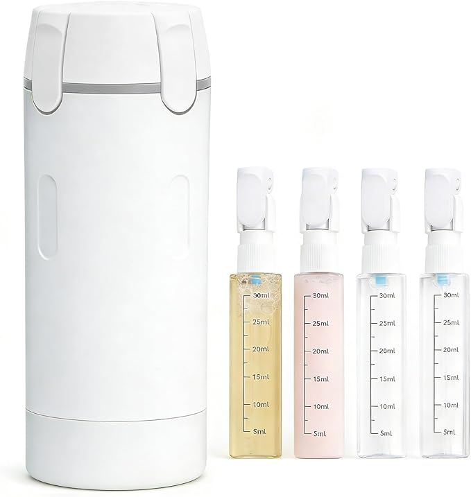 4 in 1 Travel Dispenser Bottle, 4 Pack 30ML Travel Bottles for Toiletries, Refillable, Leak Proof, Portable, for Travel, Camping, Business Trip, for Face Wash, Body Wash, Lotion, Toner (White)