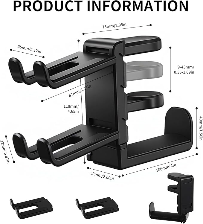 Premium Headset Stand & Gaming Headphone & Controller Holder - 360° Adjustable Under Desk Hook with Cable Management, Black - Perfect Desk & PC Accessories