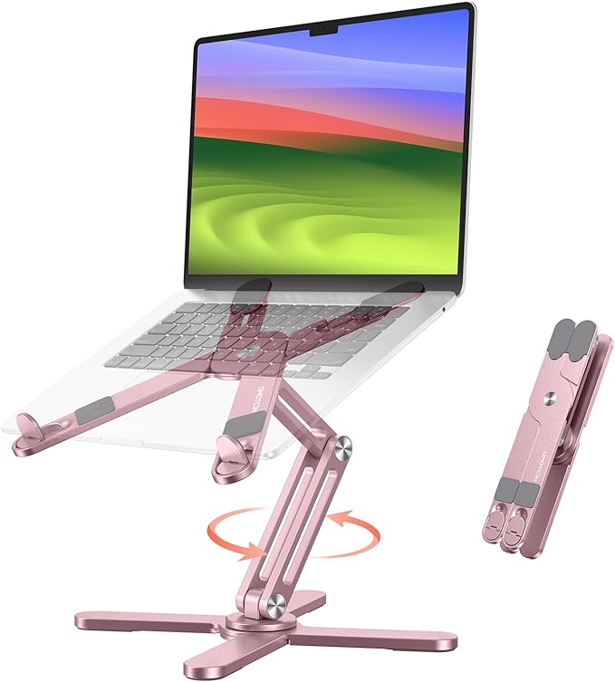 OMOTON 360° Rotating Laptop Stand Riser for Desk, Ergonomic Foldable Computer Stand Adjustable Height Angles for Collaborative Work, Easy Storage Fit Macbooks,All Laptops up to 16 inches, Pink