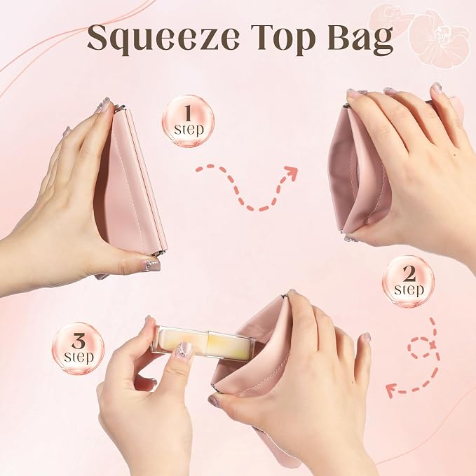4PCS Pocket Cosmetic Bag Squeeze Top, Small Makeup Bag for Purse Portable Mini Coin Change Purse Self-Closing Cosmetic Purse Small Leather Makeup Lipstick Organizer Pouches(BlackPink)