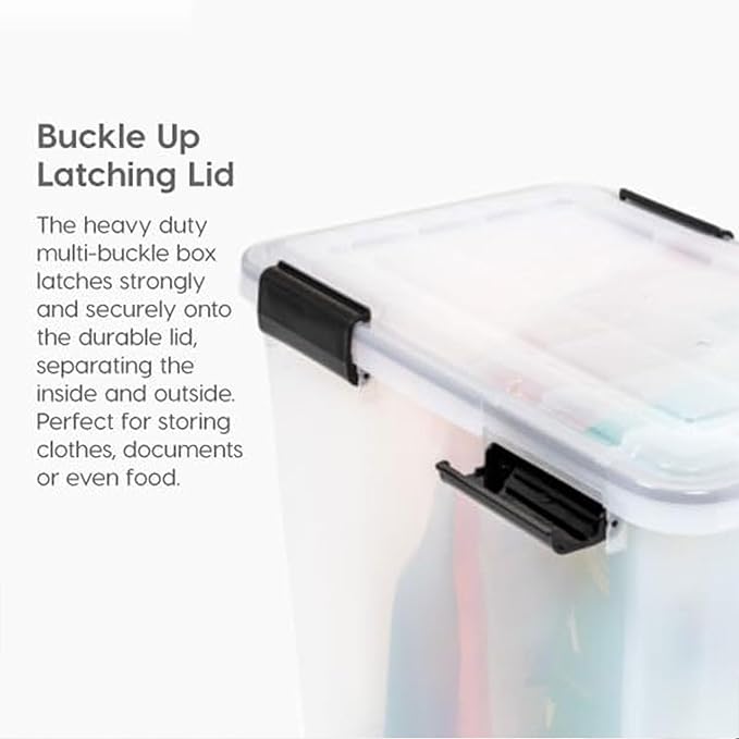 IRIS USA WeatherPro 103 Qt Storage Bins with Lids, 4 Pack, BPA-Free Plastic Gasket Box with Tight Latch and Seal, Stackable Nestable Tote Tub - Clear/Black