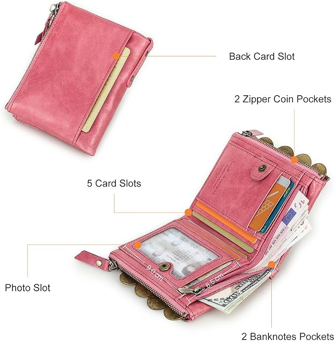 CONTACTS Soft Leather Wallet for Women Small Bifold Coin Purse Double Zipper Card Holder with RFID Blocking (Watermelon Red)
