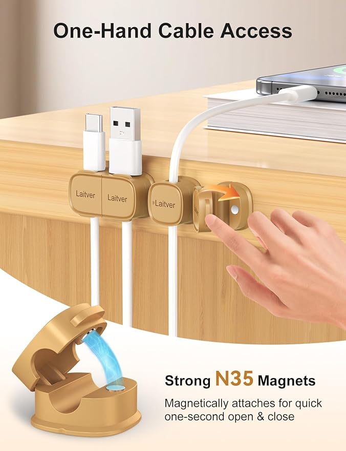 6 Pack Magnetic Cable Clips [1s Open/Lock], Laitver Cord Organizer Holder Strong Adhesive Desk Cable Management- Organize Charging Cords Neatly for Home, Office, Car,Desk, Nightstand-Milk Coffee
