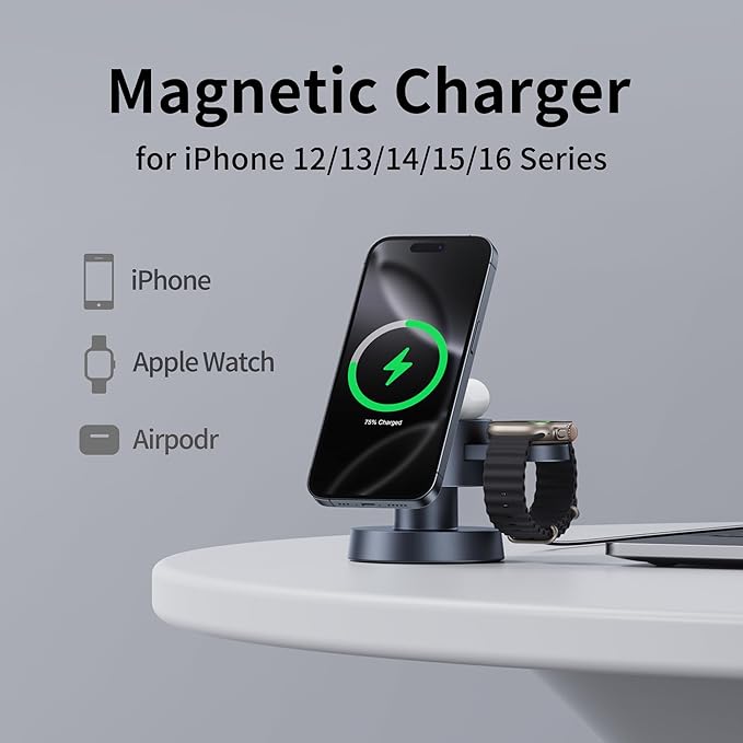 4 in 1 Magnetic Wireless Charging Station,15W Fast Charging with Adjustable Night Light for MagSafe Charger Stand,3 in 1 Wireless Charger for iPhone 17/16/15/14/13 Pro Max,Apple Watch & AirPods