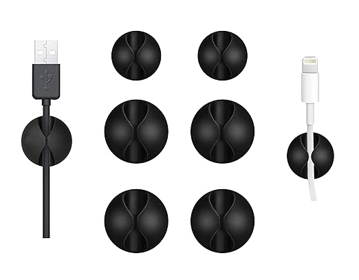 Cable Wire Cord Clips Organizer Holder Self-Adhesive Cord Management System for Charging USB Network Headphone Cables for Car Desk Office Home (Pack of 6 Black Silicone)