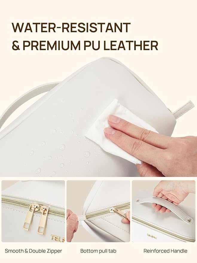 Telena Leather Make Up Bag Portable Travel Makeup Bag Waterproof Cosmetic Bags for Women Large Capacity With Handle and Divider Open Lay Flat