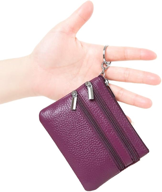 Women's Genuine Leather Coin Purse Mini Pouch Change Wallet with Keychain