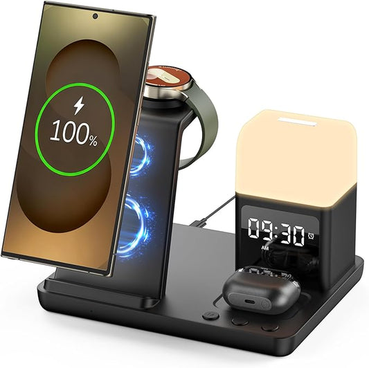 Wireless Charger for Samsung/Android, 6 in 1 Phone Nightstand Charging Station Charger with Alarm Clock/Night Light for Samsung S25/S24/S23 Ultra/Buds3,Watch Charger for Galaxy Watch 8/7/6-Black