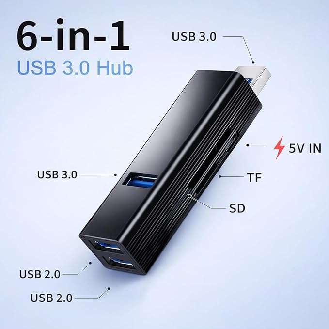 VIENON USB 3.0 Hub 6-in-1, Aluminum USB Adapter with Power Port, SD/TF Card Reader, USB Splitter Expander for Laptop, PC, Desktop, Car, Connect U Disk, Flash Drive, Mouse, Keyboard, HDD, SSD