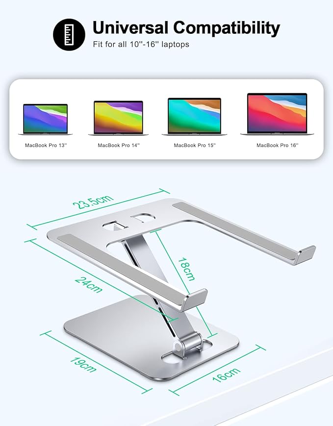 RIWUCT Foldable Laptop Stand, Height Adjustable Ergonomic Computer Stand for Desk Lecterns Riser, Aluminum Portable Laptop Riser Holder Notebook Mount Compatible with MacBook Pro Air, HP, Dell 10-16"