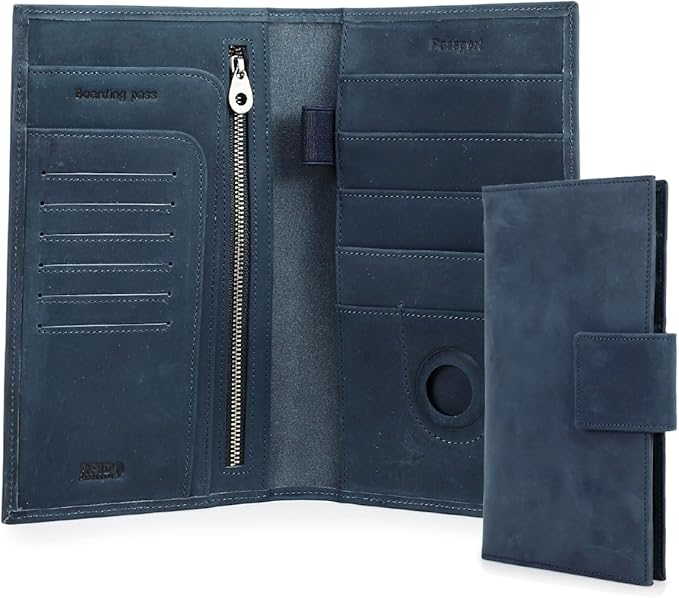 CONTACTS Full Grain Leather Family Passport Holder for 4 RFID Blocking Passport Wallet Compatible with Airtag Passport Cover with 4 Passport Slot, 6 Card Slot (Blue)