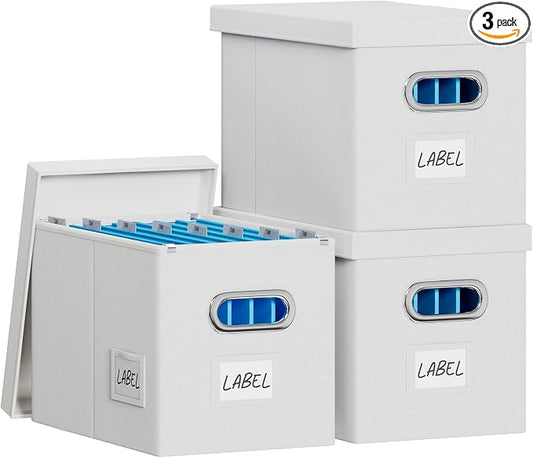 FHSQX File Box with Lid-File Organizer Box Set of 2 Portable Hanging File Box-Decorative Filing Storage Boxes for Office & Home File Cabinet (White, 14 x 9.3 x 10.9 in (3Pack))