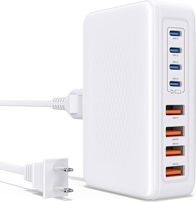 Essri 8-Port USB C Charging Station,65W GaN USB C Charger Block,PD 3.0 Desktop Charger, Power Strip Adapter Compatible with iPhone 17/16/15/14,MacBook Air/Pro,DELL, iPad Pro,Galaxy and More,White