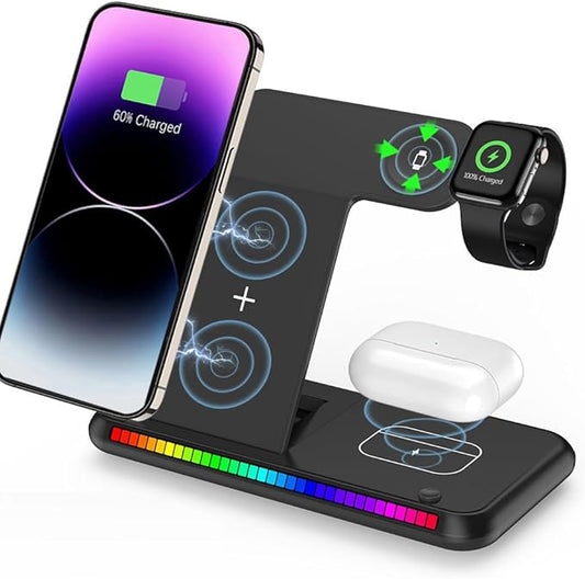IHAO 3in1 Multifunctional Foldable Wireless Charging Station with LED Ambient Night Light Fast QC3.0 Charger for Phone, iWatch, Headphone Space-Saving Auto-Shutoff & Overcharge Protection-Black