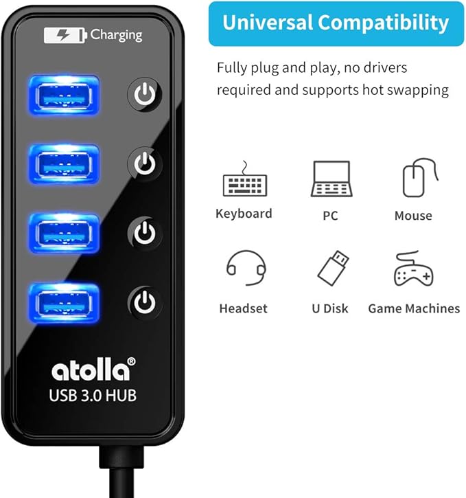 Atolla 4-Port USB 3.0 Hub with 4 Data Ports, 1 Smart Charging Port, Individual On/Off Switches and 5V/3A Adapter