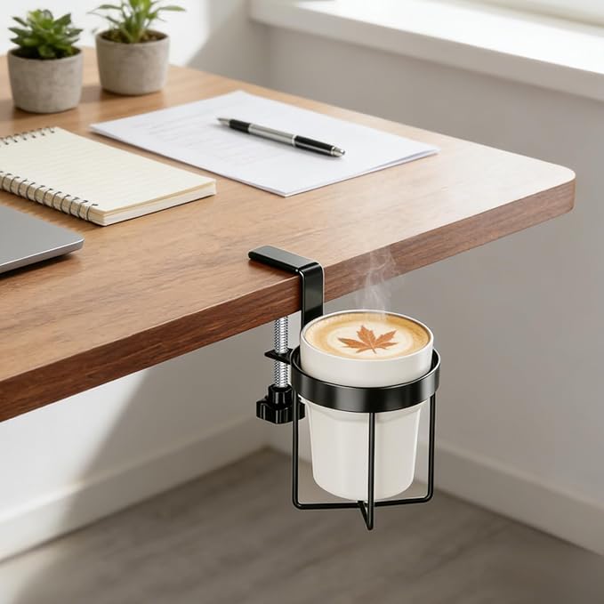 MYITYARD Desk Cup Holder Clamp, Anti-Spill Clip On Table Cup Holder, Rotatable Water Bottle Stand Drink Coffee Mug Storage, Office Accessories for Home and School (Black)