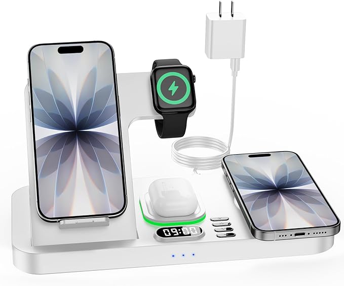 Dual Phone Wireless Charging Station for Apple Devices, Magnetic Charging Station for iPhone with Auto Switch 7-Color Light&Clock, Family Watch Charger for iPhone17 for iWatch11 for AirPods Pro3(White