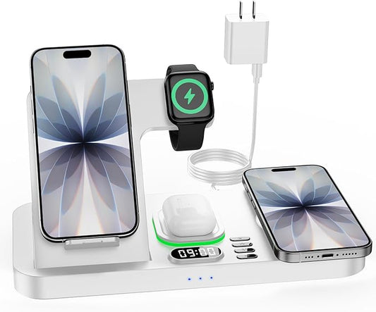 Dual Phone Wireless Charging Station for Apple Devices, Magnetic Charging Station for iPhone with Auto Switch 7-Color Light&Clock, Family Watch Charger for iPhone17 for iWatch11 for AirPods Pro3(White
