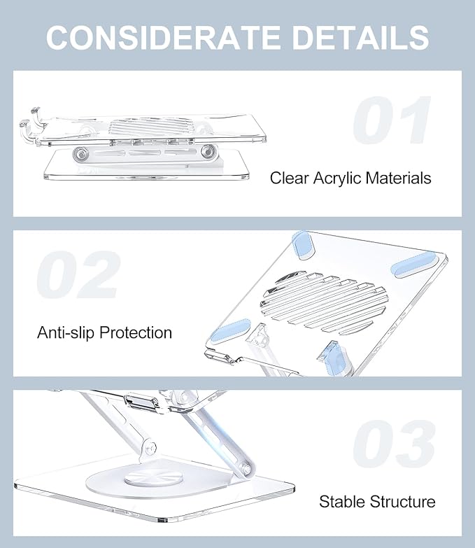 MCHOSE Acrylic Laptop Stand for Desk with 360 Rotating Base Ergonimic Foldable Clear Laptop Riser Compatible with MacBook Pro/Air Notebook up to 16 Inches, Ultra Thick Acrylic Transparent