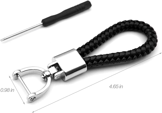 FEYOUN Universal Black Leather Car Fob Keychain Metal Keyring Woven Strap Braided Rope Key Chain for Men and Women - Silver Color, with 360 Degree Rotatable D-ring and Screwdriver