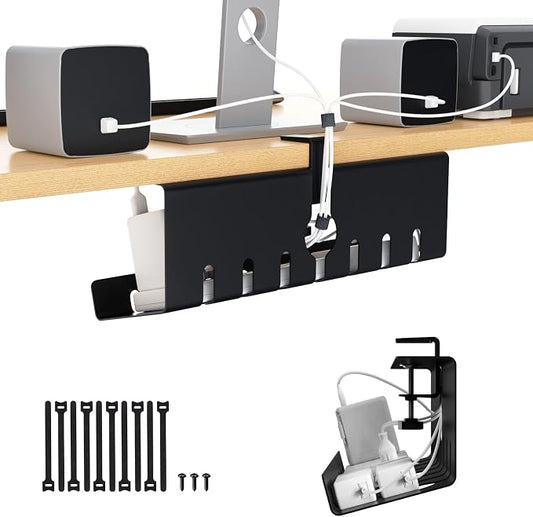 Syeeiex 17" Under Desk Cable Management Tray, No-Drill C-Clamp & Screw Mount, Heavy Duty Metal Cord Organizer with Cable Ties, for Office Home Workspace, Black