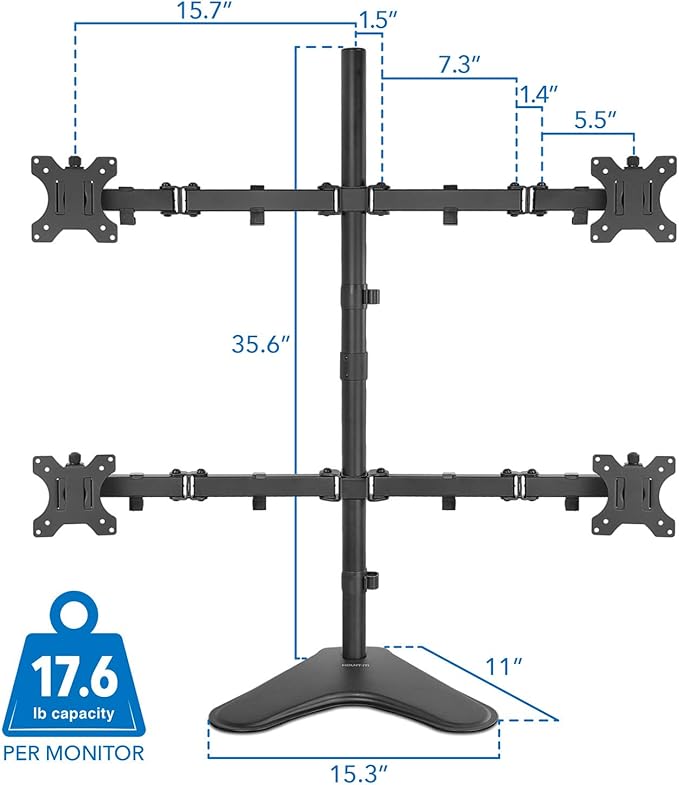 Mount-It! Quad Monitor Stand for 4 Screens up to 32", Free Standing Multi Monitor Desk Mount, Height Adjustable 34.8", 17.6 lbs Each, VESA 75x75 100x100, Steel 4 Monitor Stand, MI-2784
