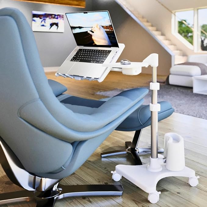 LEVO G2 Deluxe Adjustable Laptop Stand ??Rolling Computer Desk & Ergonomic Table for Bed, Sofa, or Office ??Portable Mobile Workstation with Tilt ??Fits Devices up to 16??- Silver & White