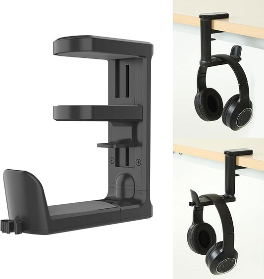 PC Gaming Headset Holder, Upgraded Headphone Stand for Desk,Adjustable Clamp-on Under Desk Hanger, Rotating Headphone Stand & Cable Clip Organizer (Black)