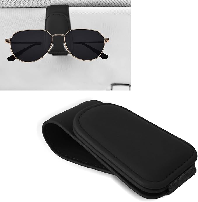 Sunglass Holder for Car, Car Sunglass Holder, Magnetic Leather Sunglasses Holder and Ticket Card Clip, Auto Multi-Functional Sun Visor Eyeglass Holders for SUV Pickup Truck (Black)