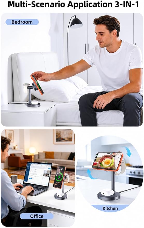 25W Wireless Charger 3 in 1 Magnetic Charging Station with TEC Active Cooling, Qi2.2 Certified Fast Charging Stand for iPhone 17 Pro Max/16/15, Apple Watch & AirPods, 65W Adapter Included