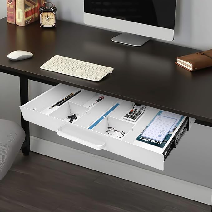 Under Desk Pull-out Drawer with Adjustable Divider for Storing Pencil and Office Accessories Under Desk Mounted Tray Organizer for Sit Stand Workstation, 21.5x10.2x2.1in
