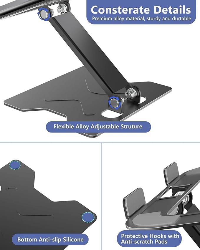 JCZT Adjustable Laptop Stand for Desk, Metal Foldable Laptop Riser, Portable Laptop Holder Mount for MacBook Air Pro, All 10-16'' Notebooks Laptops, Matte Black