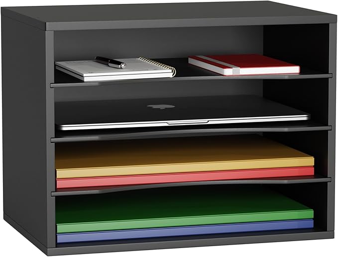 Wood Desktop Letter Tray File Organizer, Paper Storage Mail Sorter with 3 Adjustable Drawer Boards for Home and Office, Black