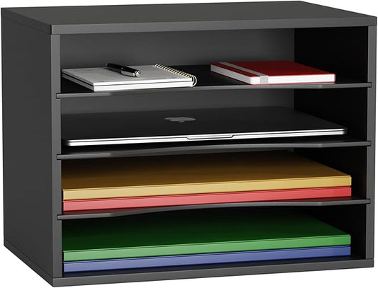 Wood Desktop Letter Tray File Organizer, Paper Storage Mail Sorter with 3 Adjustable Drawer Boards for Home and Office, Black