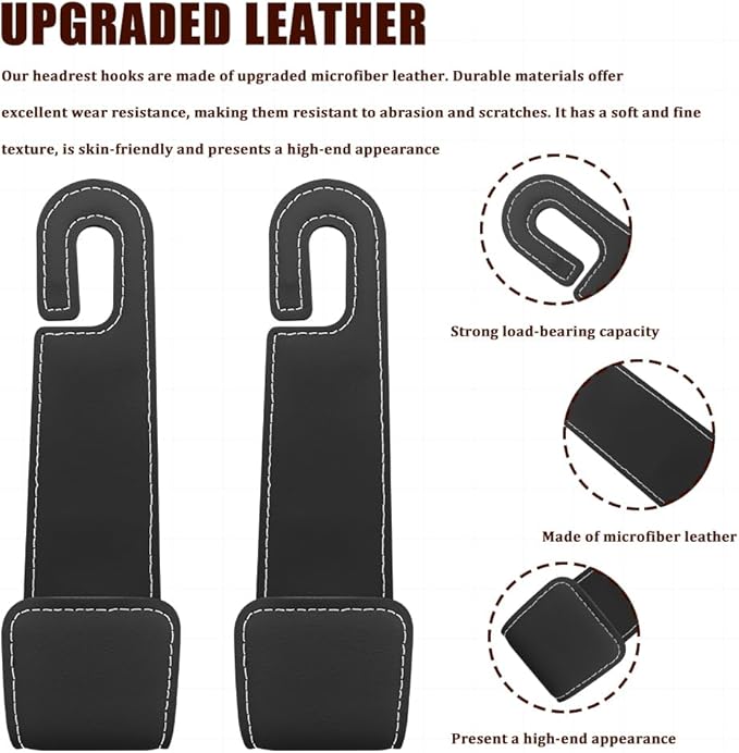 Car Seat Headrest Hooks, Purse Hook for Car, Automotive Headrest Handbags Holder, Auto Accessories Leather Seatback Organizer Hanger for Hanging Purses Bags Coats (Black, 1PCS)