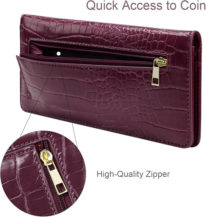 Wallet Women Bifold Faux Crocodile Leather Minimalist Slim Thin Long Wallets RFID Blocking Credit Cards Holder Purse with Back Zipper Coin Pocket for Women and Men,Plum