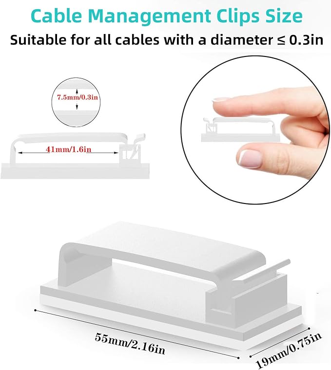 for Desk Under Table Wire Management Adhesive Cable Clips 39Pcs(White).Used for Computer pc,tv,ethernet Wires Cable Management on Large Cable Hooks Organizer Clips