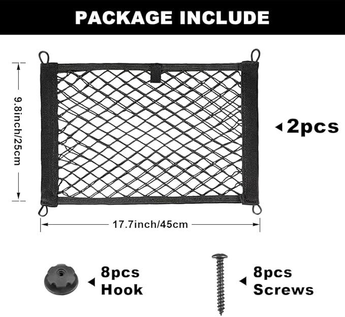 2pcs Cargo Net, Pocket Storage Mesh Net, Elastic Automotive Cargo Nets Storage Pouch with 8 Mounting Screw and Builtin Hooks, for Car Trunk Boats Net (18x9.8 inches)
