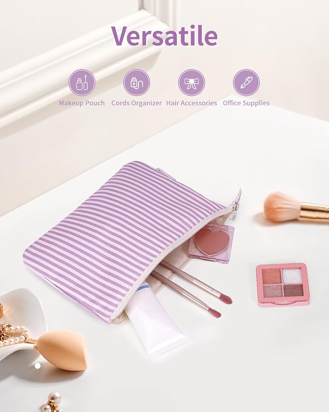 Narwey Small Striped Makeup Bag for Purse Travel Makeup Pouch Cosmetic Bag Zipper Pouch Bags for Women (Purple Stripe)