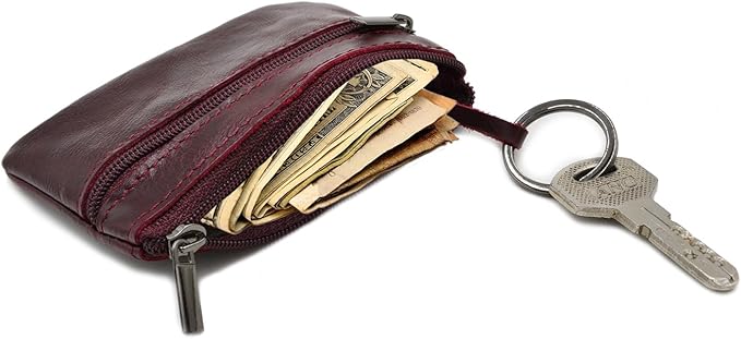 Freezx Women Genuine Leather Coin Pouch Zip Mini Purse Wallet Key Chain Double Zipper