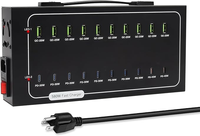 580W USB Charging Station, 20 Port (10 PD+10 QC) USB C Charger Block, Fast Charging Station for Multiple Devices with Smart Power Delivery for iPhone, iPad, Tablet and More