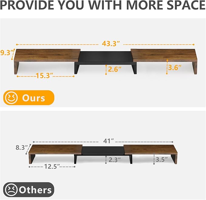 TAVR Dual Monitor Stand Riser, Computer Monitor Stands for 2 Monitors, Extra Long Multifunctional Wooden Desktop Organizer Riser for Computer, Laptop, PC, Printer, TV, Max 43.3" Length, Rustic Brown