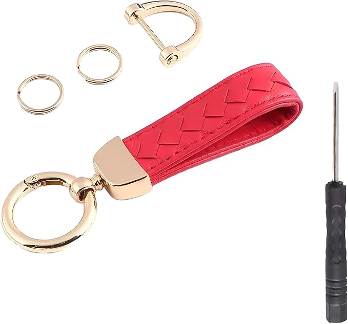 Car Keys Keychain, Leather Key Chain, Red Leather Wristlet Keychain with 2 Key Ring andAnti-Lost D-Ring, Keyfob holder for Women Men (Red)